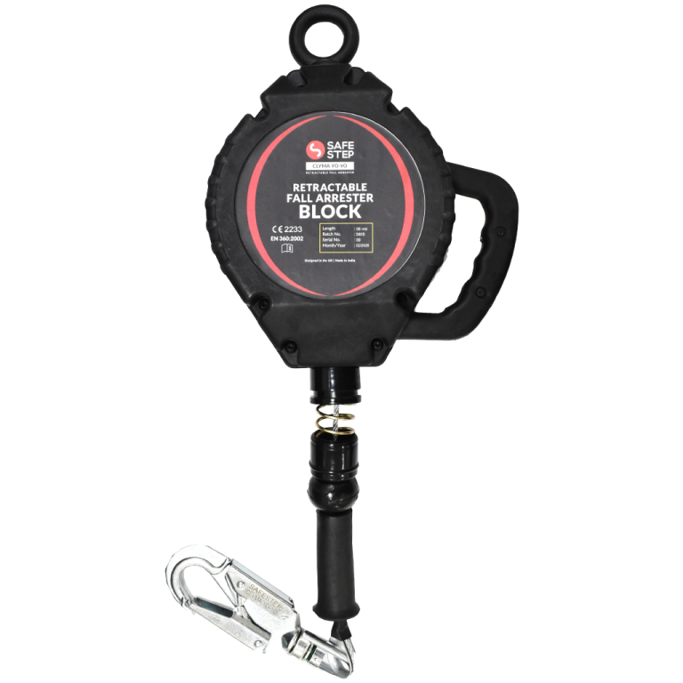 Fall arrest block (CLYMA YOYO) with high-impact casing, steel wire rope, swivel anchorage eye, and safety hook with load indicator.